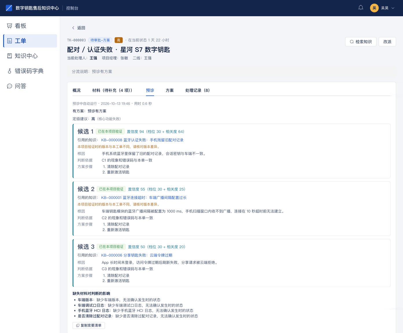 AI 预诊页面：三个候选根因，附知识引用、置信度分解和缺失材料清单