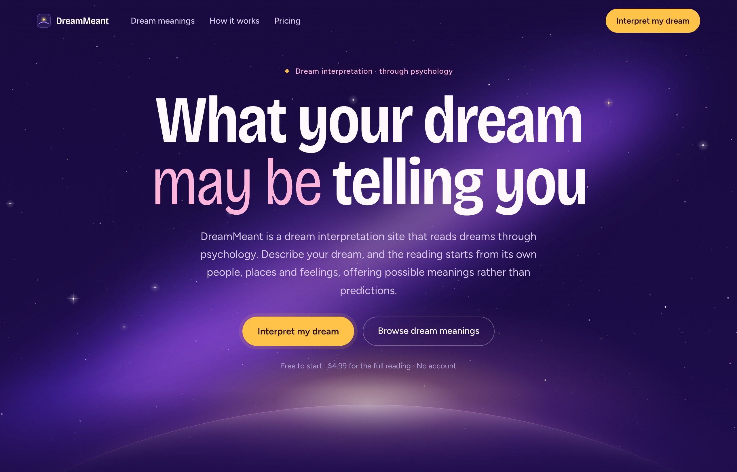 DreamMeant 首页：What your dream may be telling you，心理学视角解梦，免费开始、$4.99 完整报告、无需注册